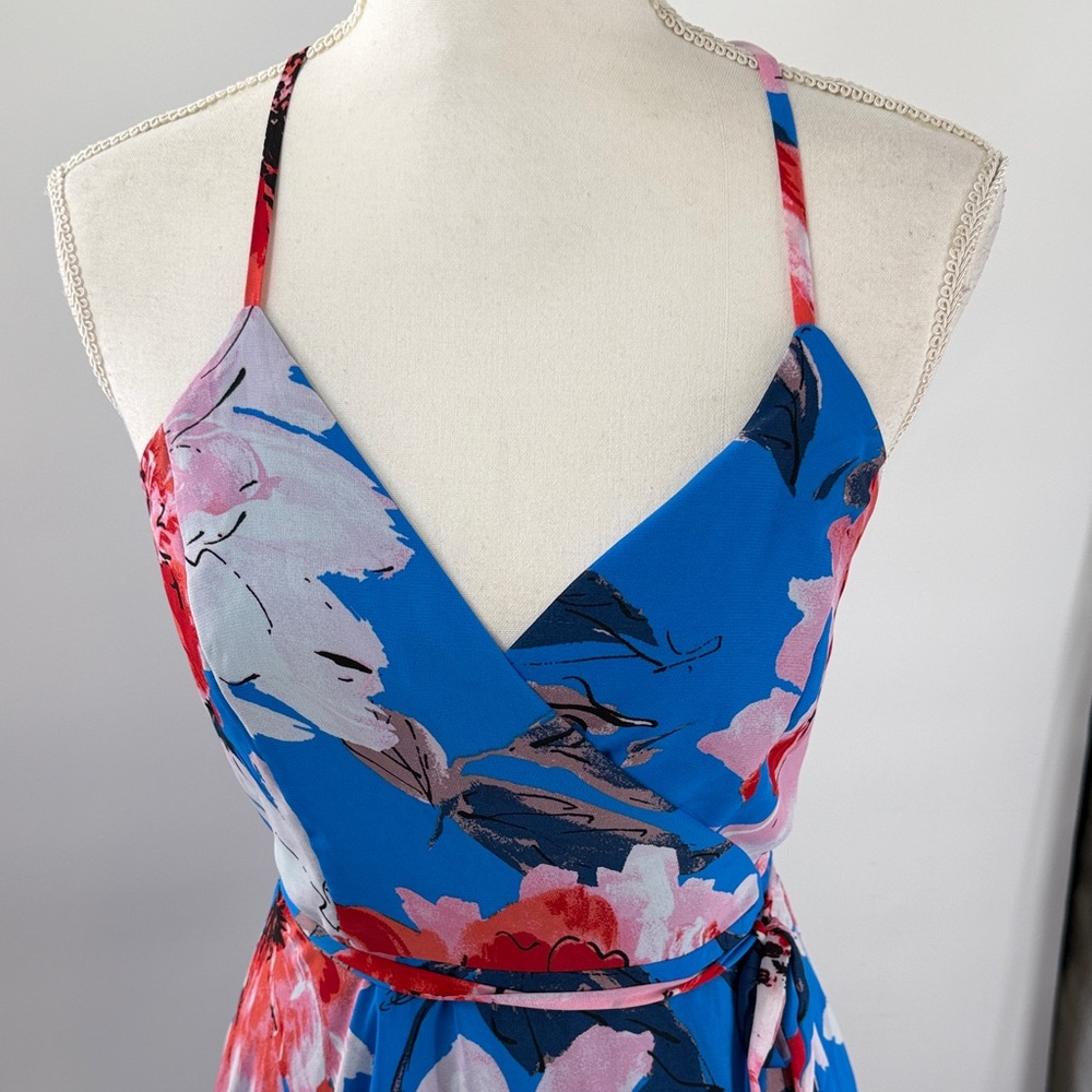 Lulus Always There For Me Blue Floral Print Wrap Maxi Dress M - Picture 3 of 8